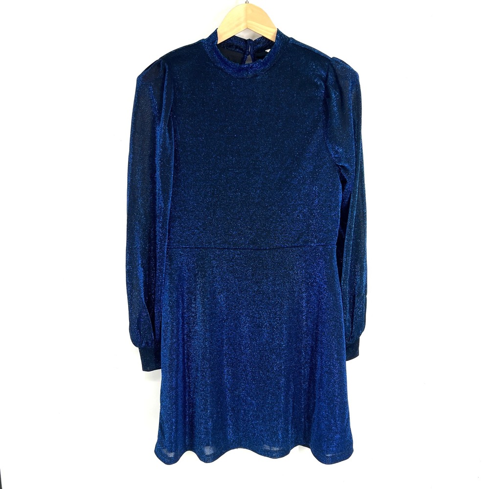 Cato Alaskannight Blue Metallic Shimmer Mock Neck Long Sleeve Mini Dress Mens M